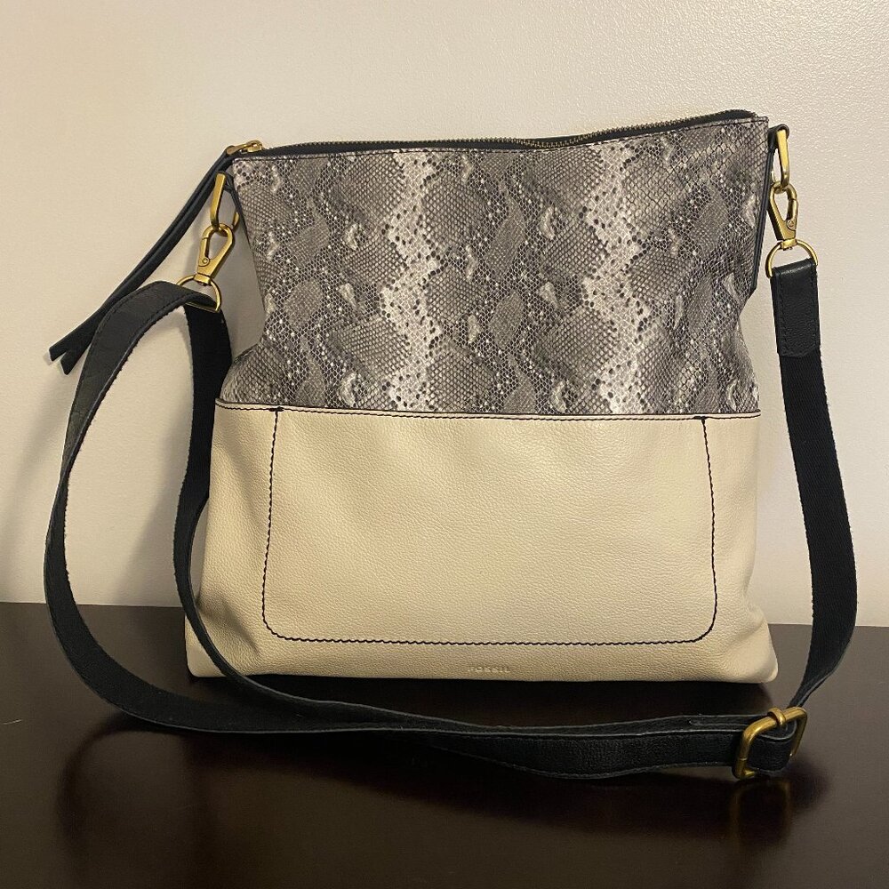 Fossil Amelia Python White Leather Black Hobo Cro… - image 1